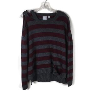 OC by Oleg Cassini Deconstructed Distressed Stripe Long Sleeve Sweater in Red